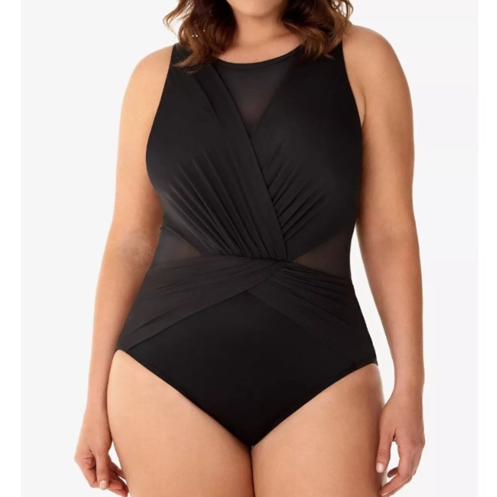 Miraclesuit Black Mesh Inset High Neckline Pleated Palma One Piece Swimsuit